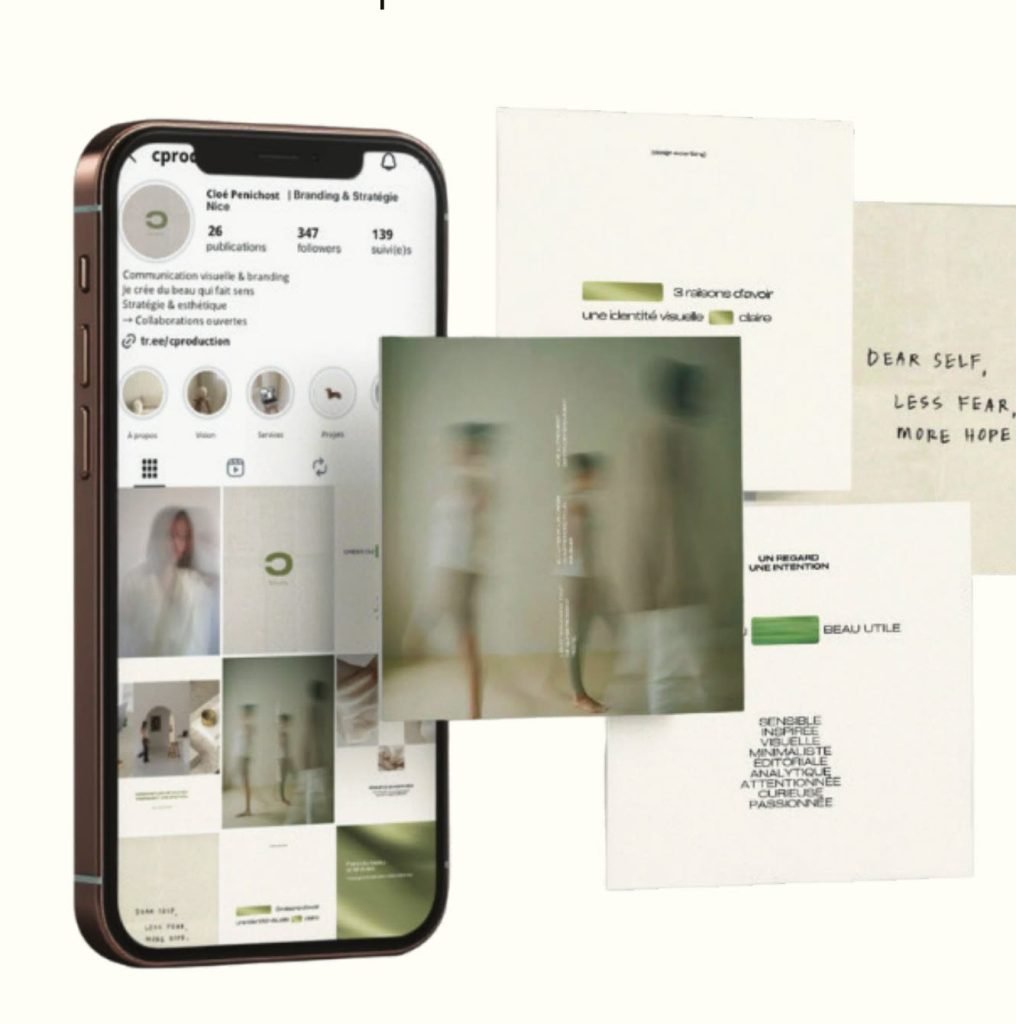 Mockup réalisé par Cloé : son compte Instagram et ses posts